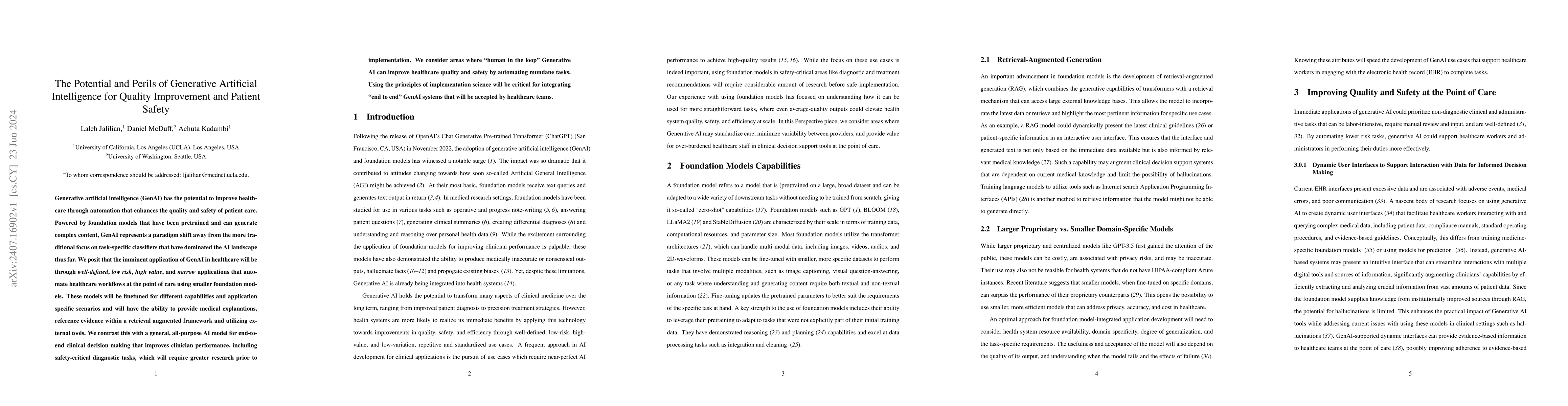 Thumbnail for The Potential and Perils of Generative Artificial Intelligence for
  Quality Improvement and Patient Safety