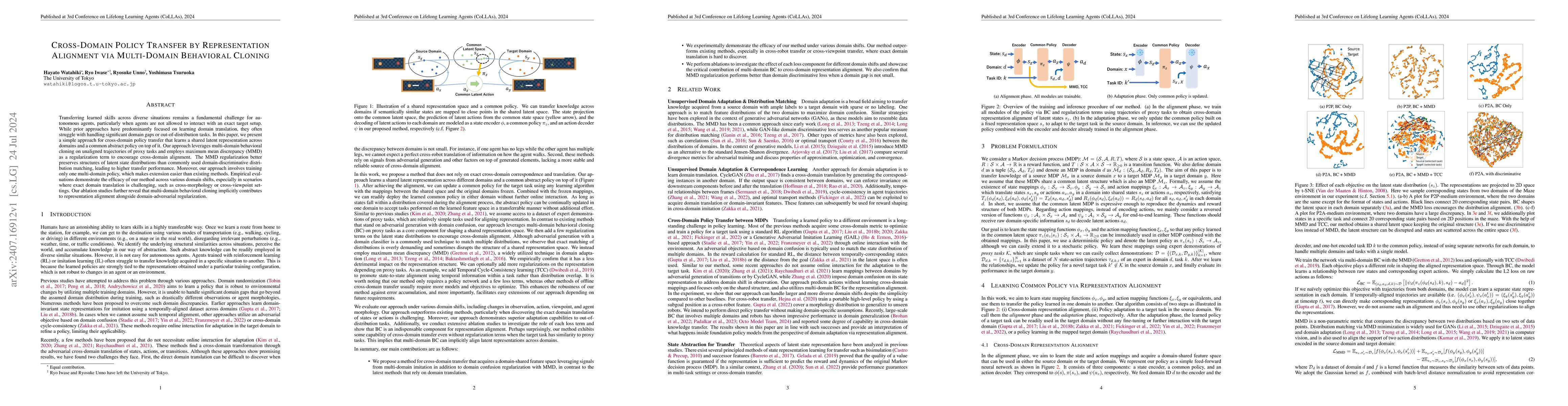 Thumbnail for Cross-Domain Policy Transfer by Representation Alignment via
  Multi-Domain Behavioral Cloning
