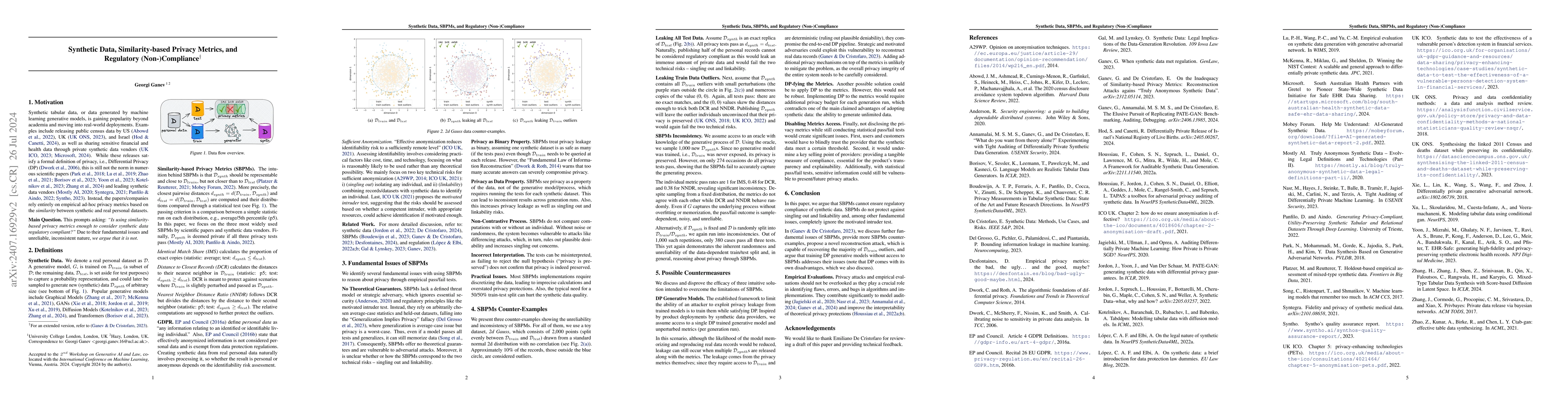 Thumbnail for Synthetic Data, Similarity-based Privacy Metrics, and Regulatory
  (Non-)Compliance