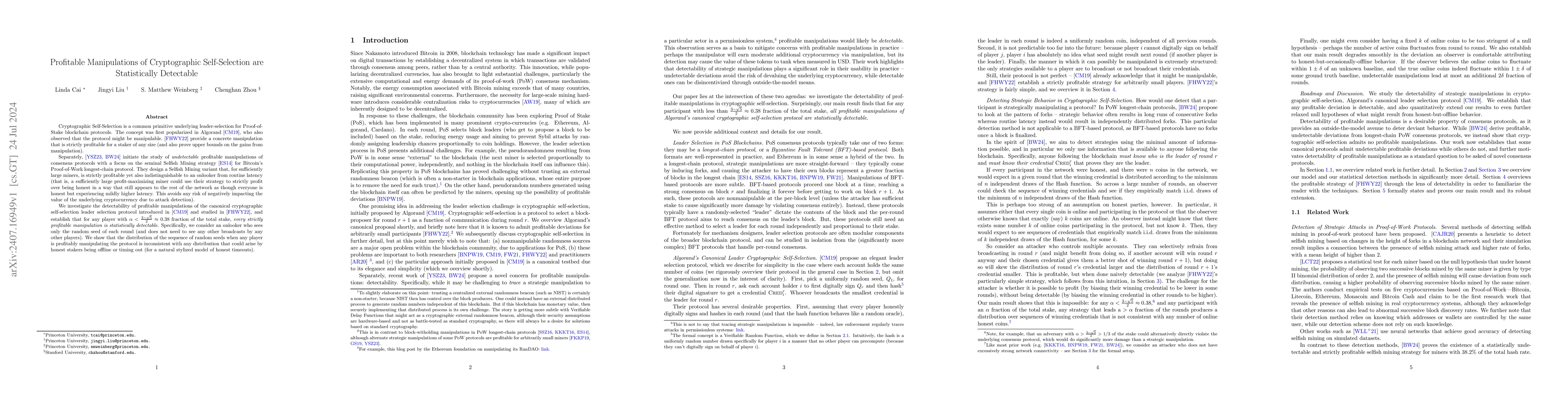 Thumbnail for Profitable Manipulations of Cryptographic Self-Selection are
  Statistically Detectable