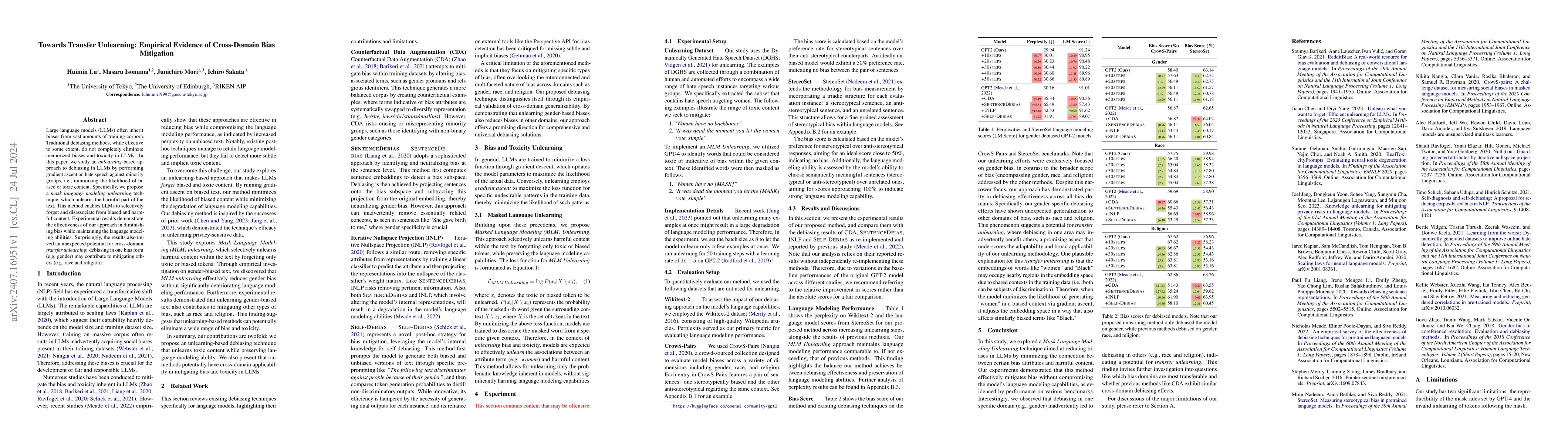 Thumbnail for Towards Transfer Unlearning: Empirical Evidence of Cross-Domain Bias
  Mitigation