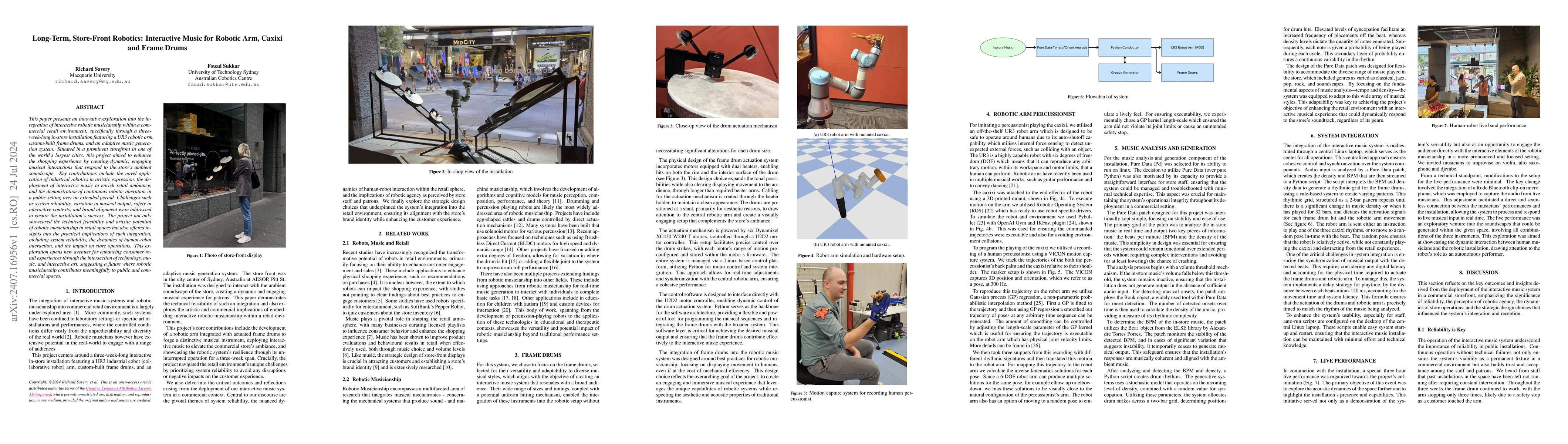 Thumbnail for Long-Term, Store-Front Robotics: Interactive Music for Robotic Arm,
  Caxixi and Frame Drums