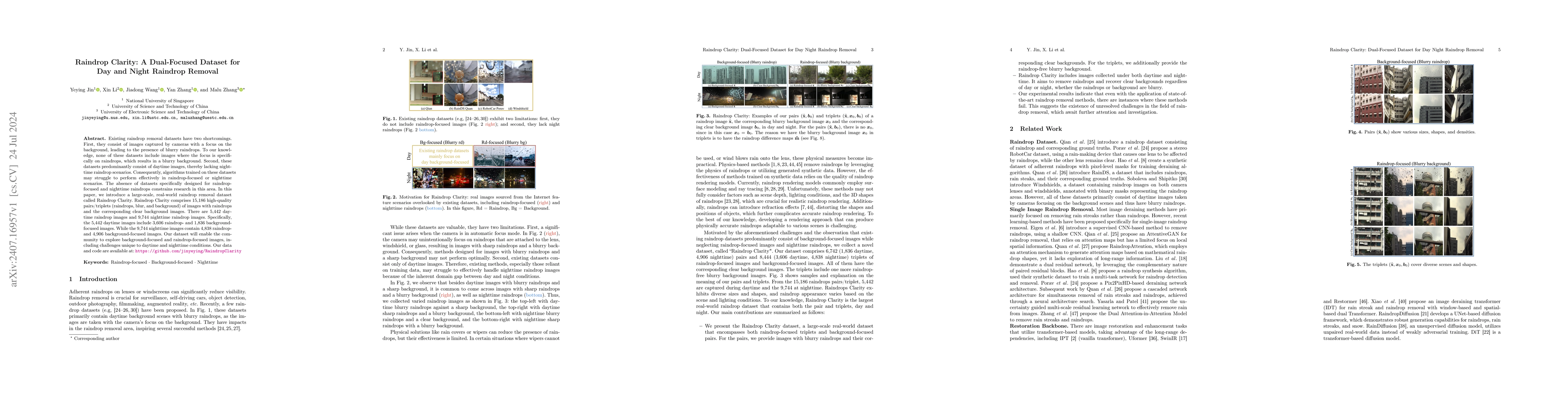 Thumbnail for Raindrop Clarity: A Dual-Focused Dataset for Day and Night Raindrop
  Removal