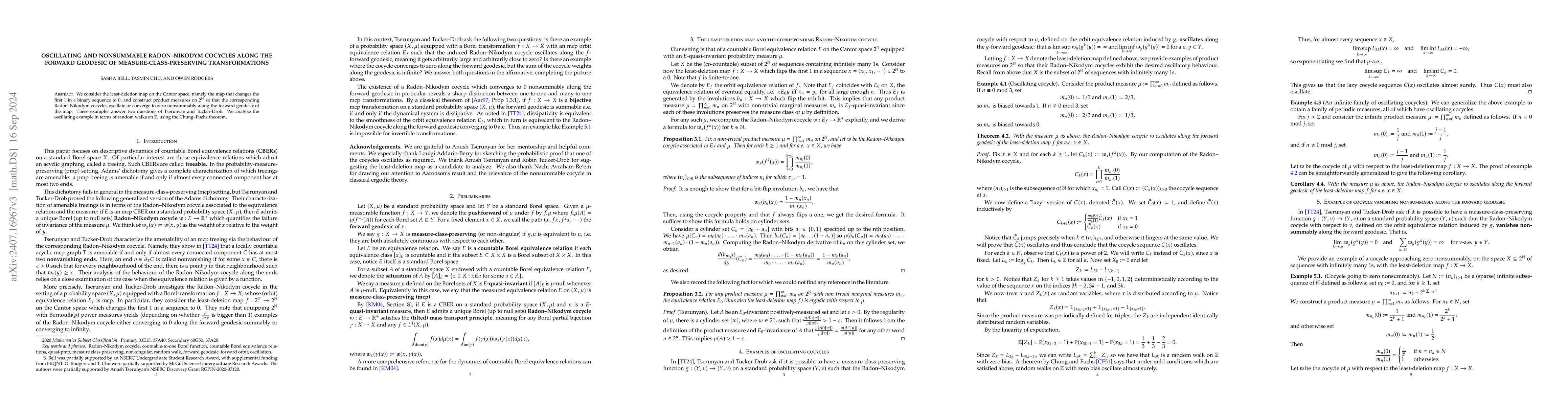 Thumbnail for Oscillating and nonsummable Radon-Nikodym cocycles along the forward
  geodesic of measure-class-preserving transformations