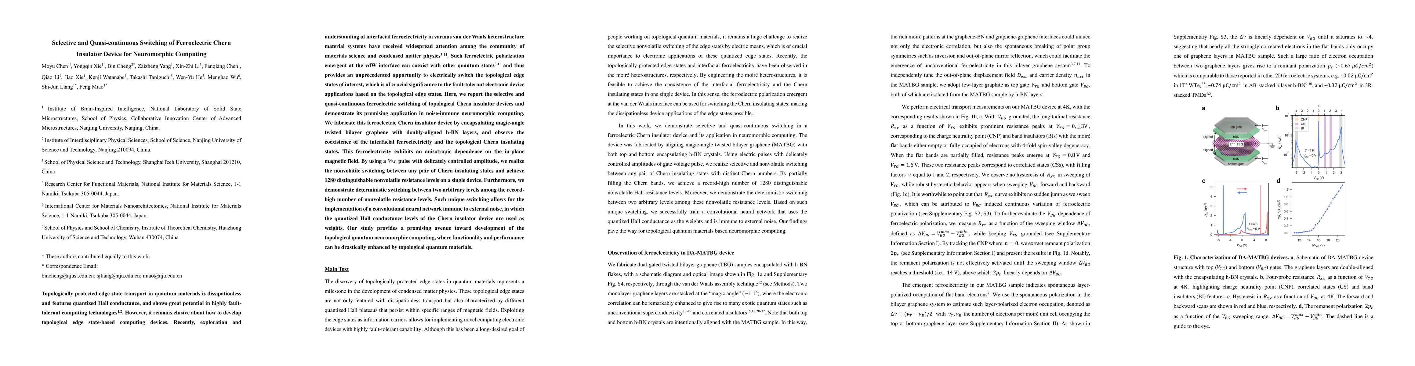 Thumbnail for Selective and Quasi-continuous Switching of Ferroelectric Chern
  Insulator Device for Neuromorphic Computing