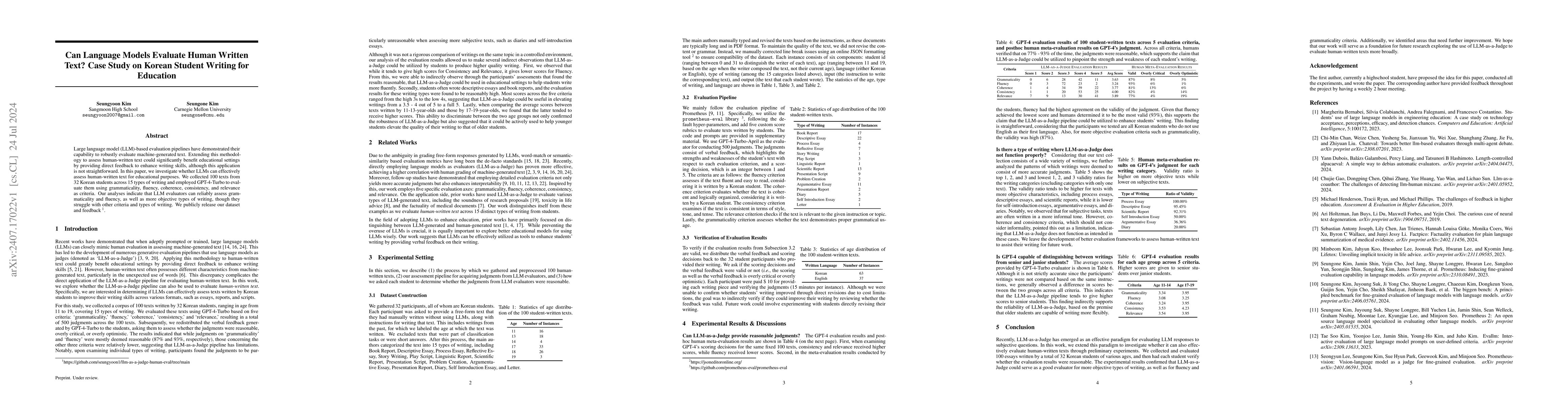 Thumbnail for Can Language Models Evaluate Human Written Text? Case Study on Korean
  Student Writing for Education
