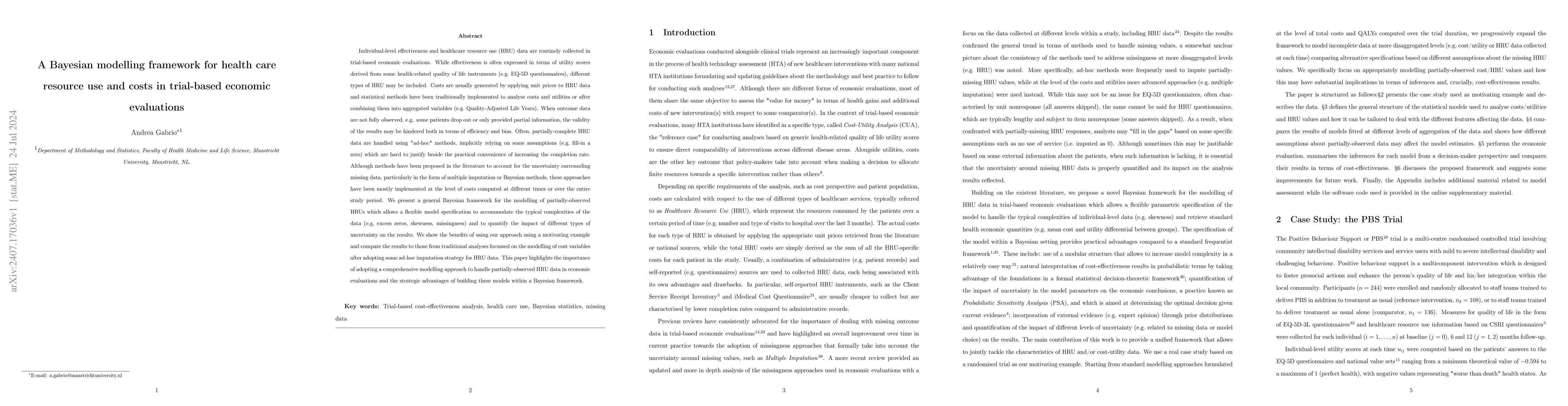 Thumbnail for A Bayesian modelling framework for health care resource use and costs in
  trial-based economic evaluations