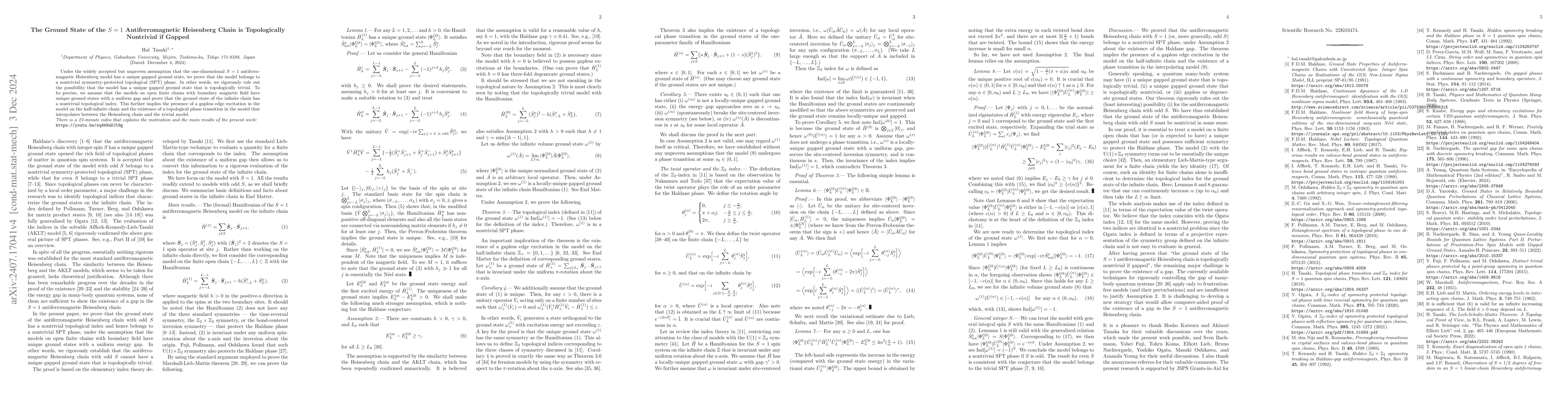 Thumbnail for The Ground State of the S=1 Antiferromagnetic Heisenberg Chain is
  Topologically Nontrivial if Gapped