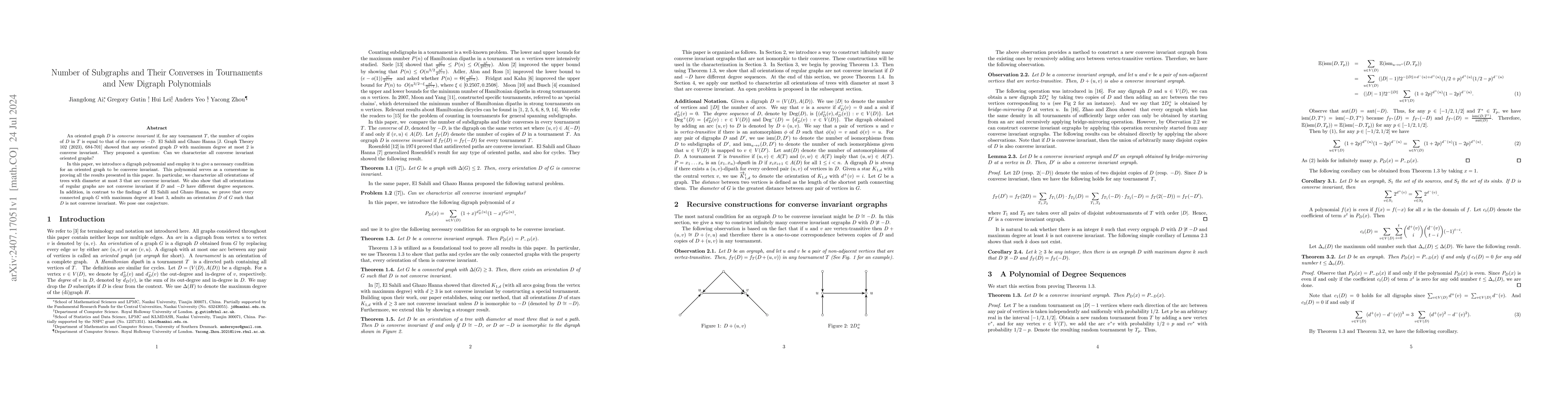 Thumbnail for Number of Subgraphs and Their Converses in Tournaments and New Digraph
  Polynomials
