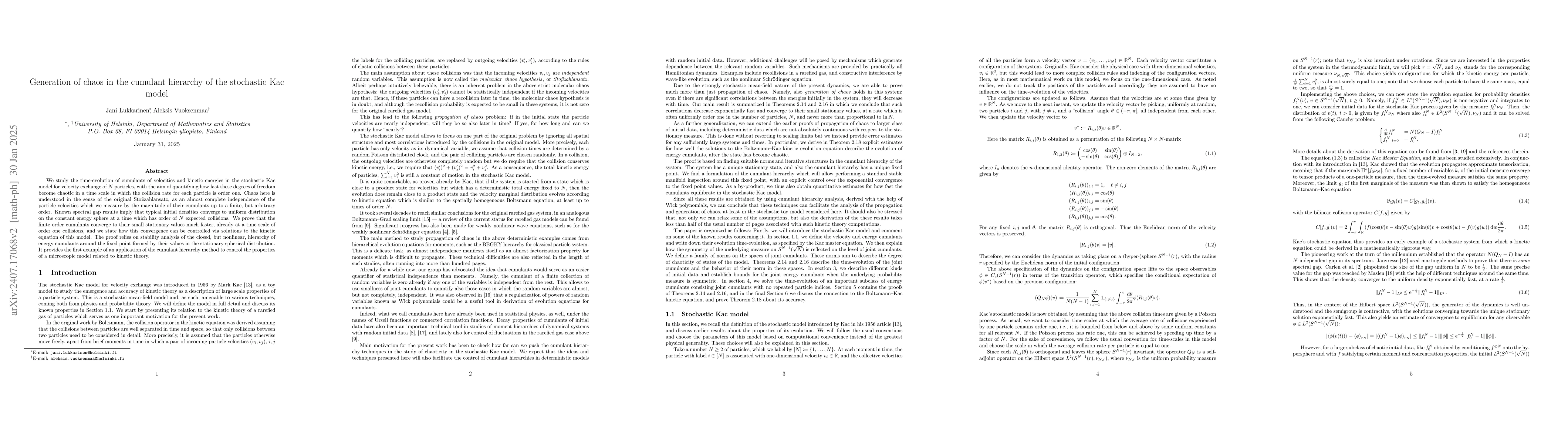 Thumbnail for Generation of chaos in the cumulant hierarchy of the stochastic Kac
  model