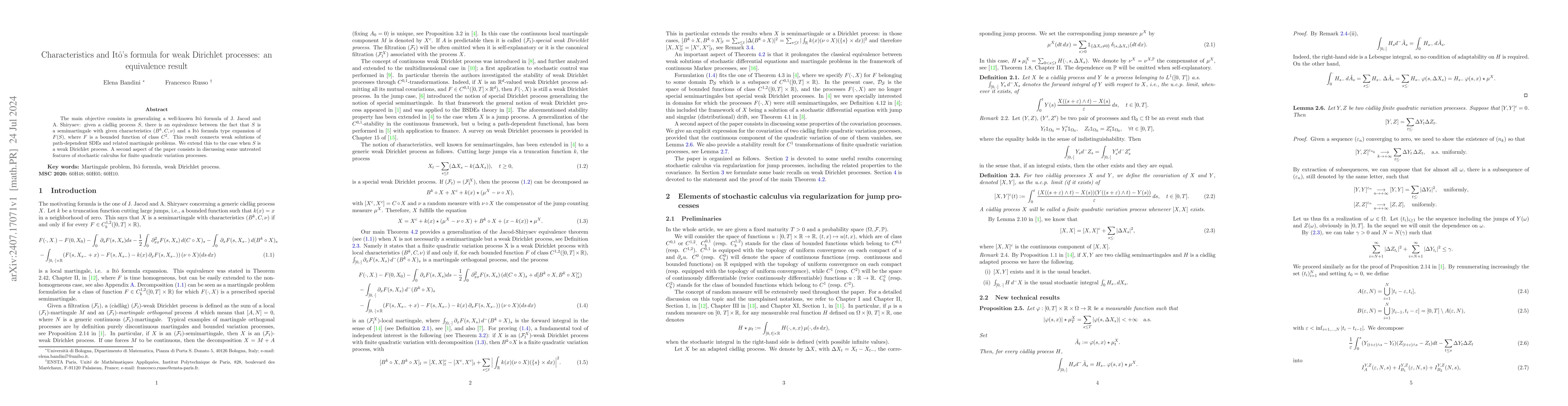 Thumbnail for Characteristics and It{ô}'s formula for weak Dirichlet processes: an
  equivalence result