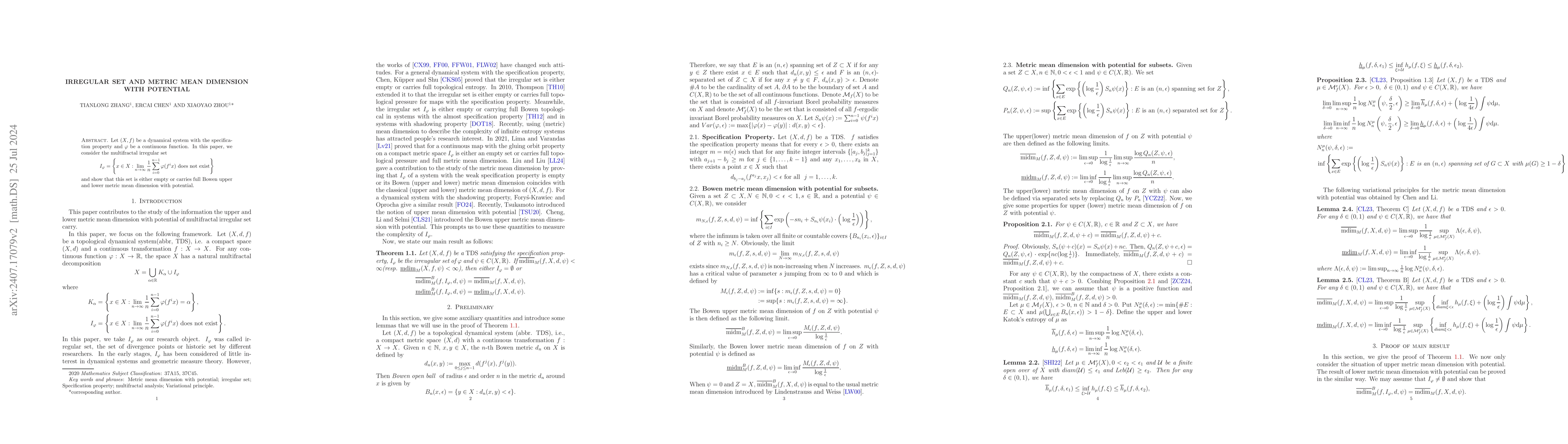 Thumbnail for Irregular set and metric mean dimension with potential