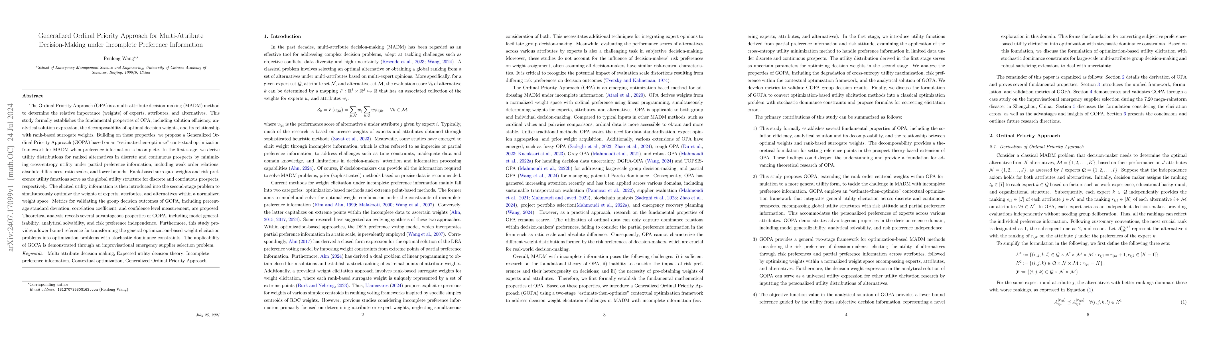 Thumbnail for Generalized Ordinal Priority Approach for Multi-Attribute
  Decision-Making under Incomplete Preference Information