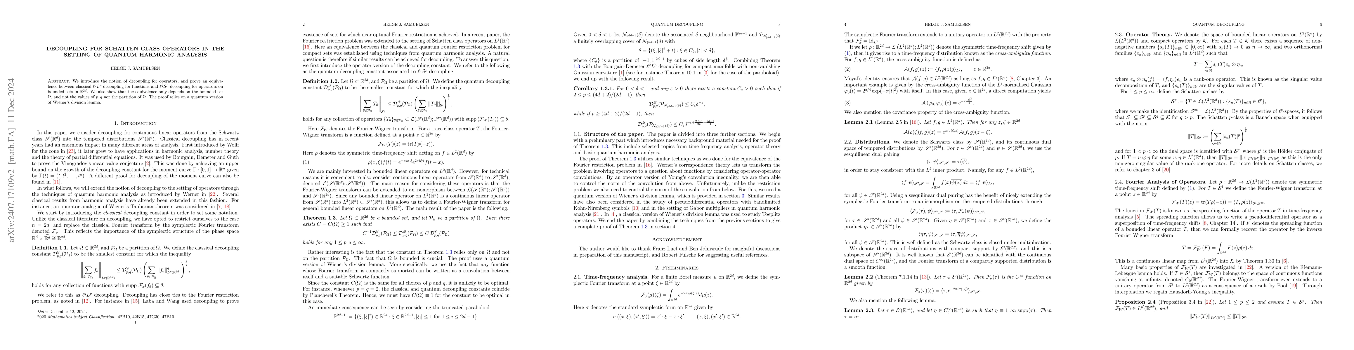 Thumbnail for Decoupling for Schatten class operators in the setting of Quantum
  Harmonic Analysis