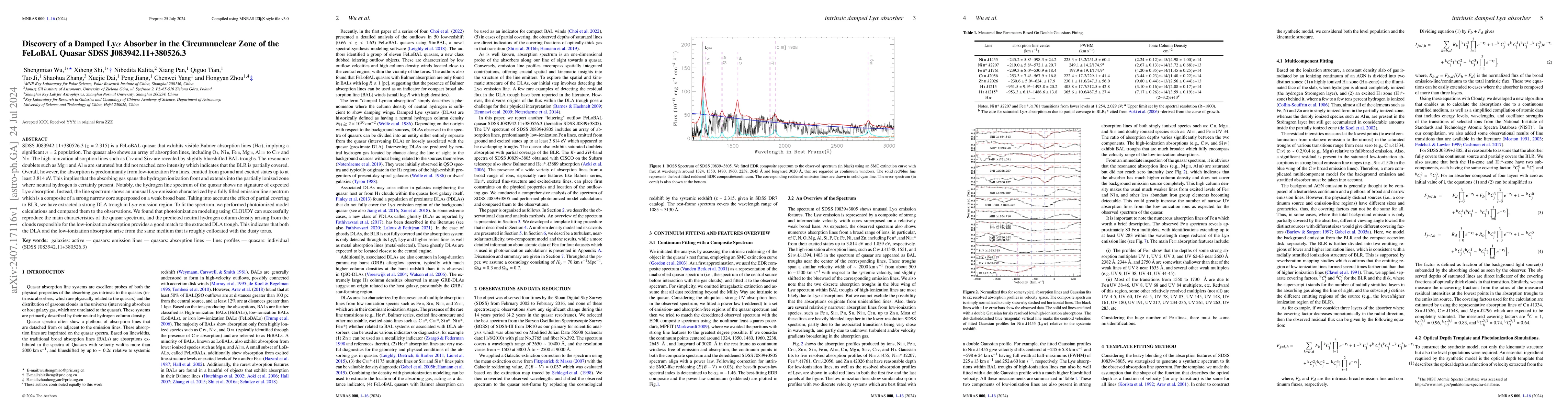 Thumbnail for Discovery of a Damped Ly$α$ Absorber in the Circumnuclear Zone of
  the FeLoBAL Quasar SDSS J083942.11+380526.3