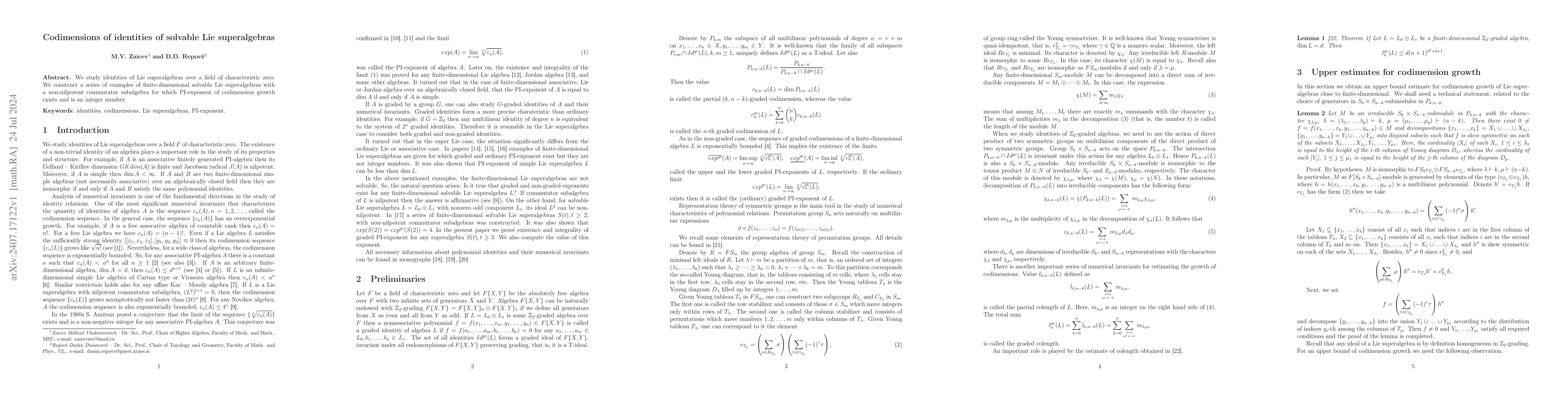 Thumbnail for Codimensions of identities of solvable Lie superalgebras