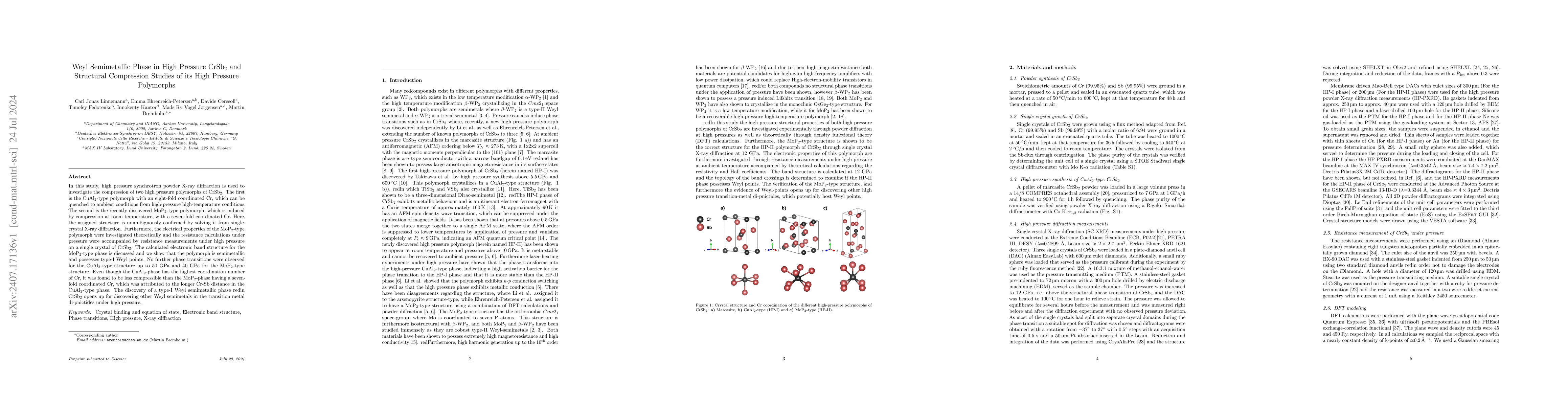 Thumbnail for Weyl Semimetallic Phase in High Pressure CrSb$_2$ and Structural
  Compression Studies of its High Pressure Polymorphs