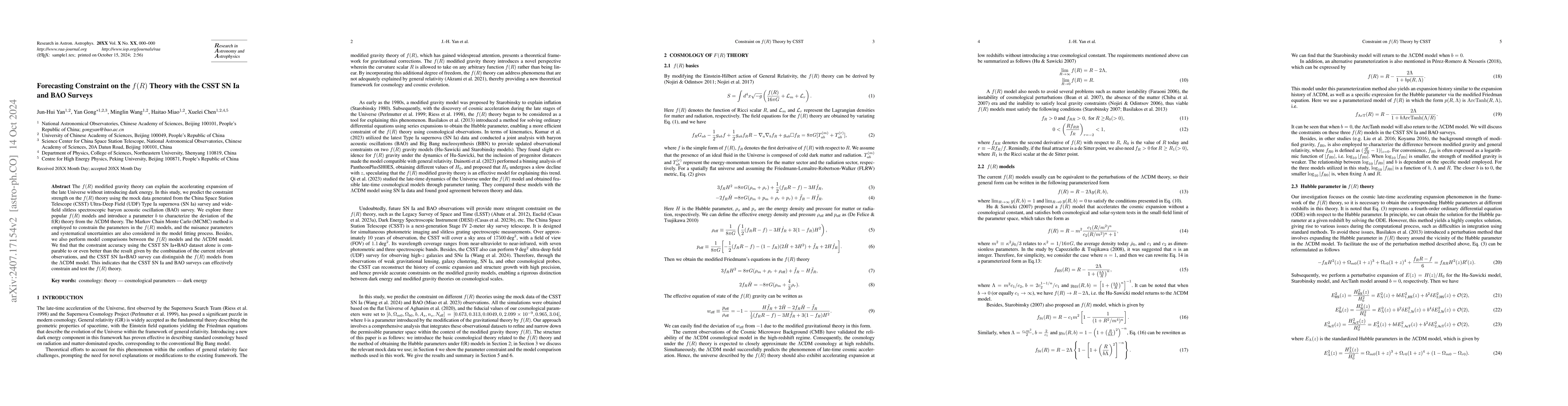 Thumbnail for Forecasting Constraint on the $f(R)$ Theory with the CSST SN Ia and BAO
  Surveys