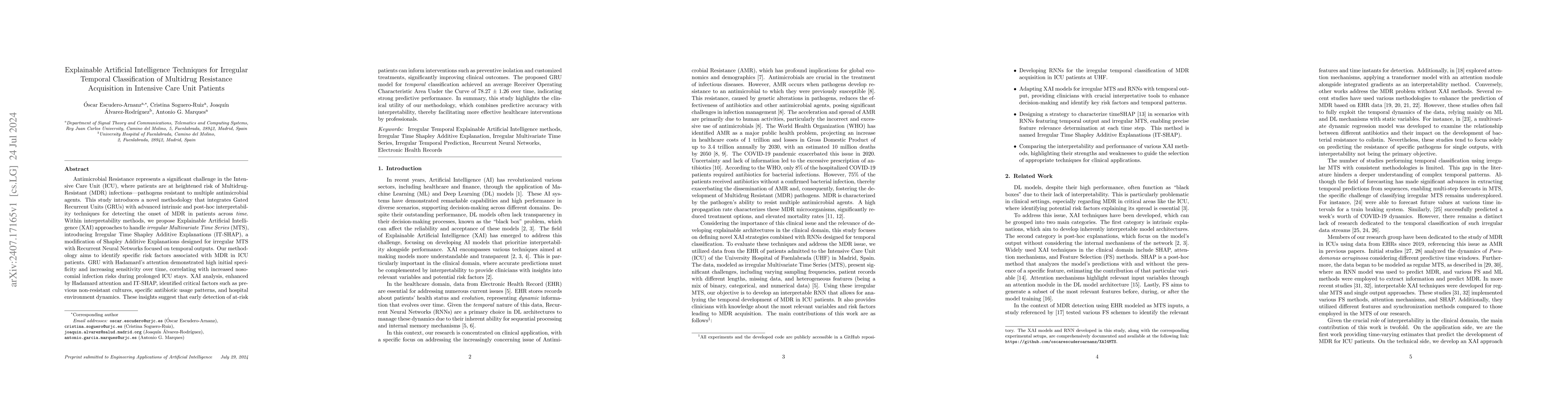 Thumbnail for Explainable Artificial Intelligence Techniques for Irregular Temporal
  Classification of Multidrug Resistance Acquisition in Intensive Care Unit
  Patients