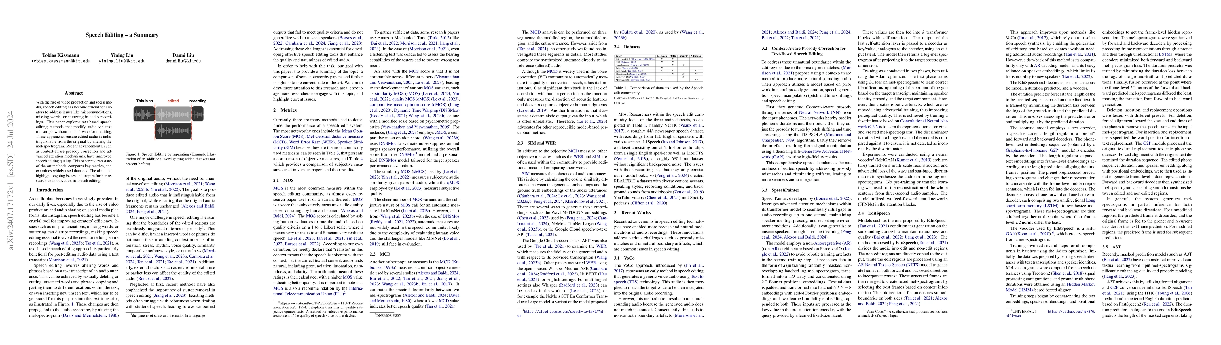 Thumbnail for Speech Editing -- a Summary