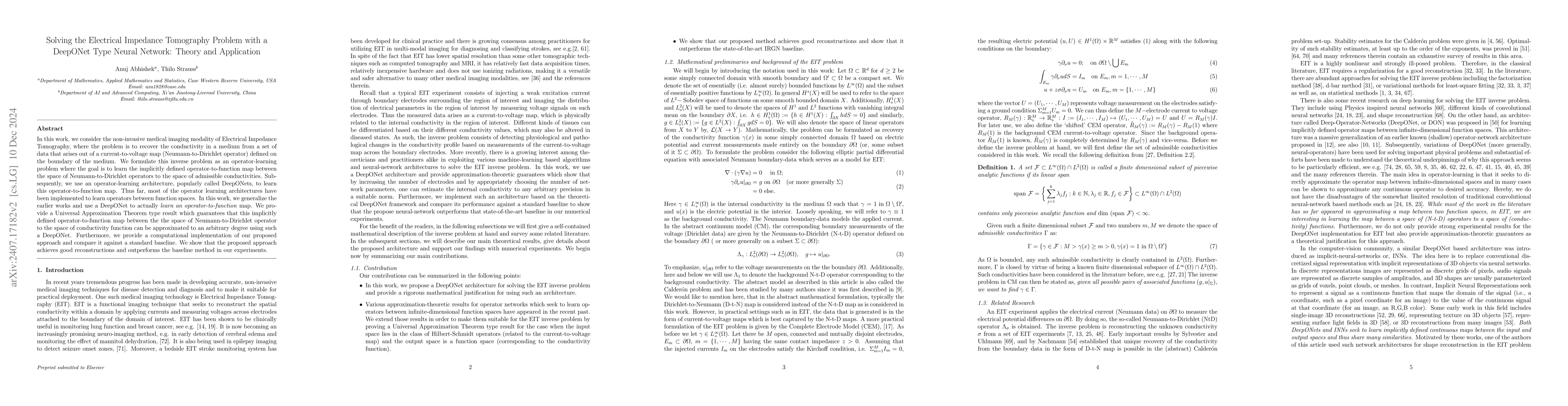 Thumbnail for Solving the Electrical Impedance Tomography Problem with a DeepONet Type
  Neural Network: Theory and Application