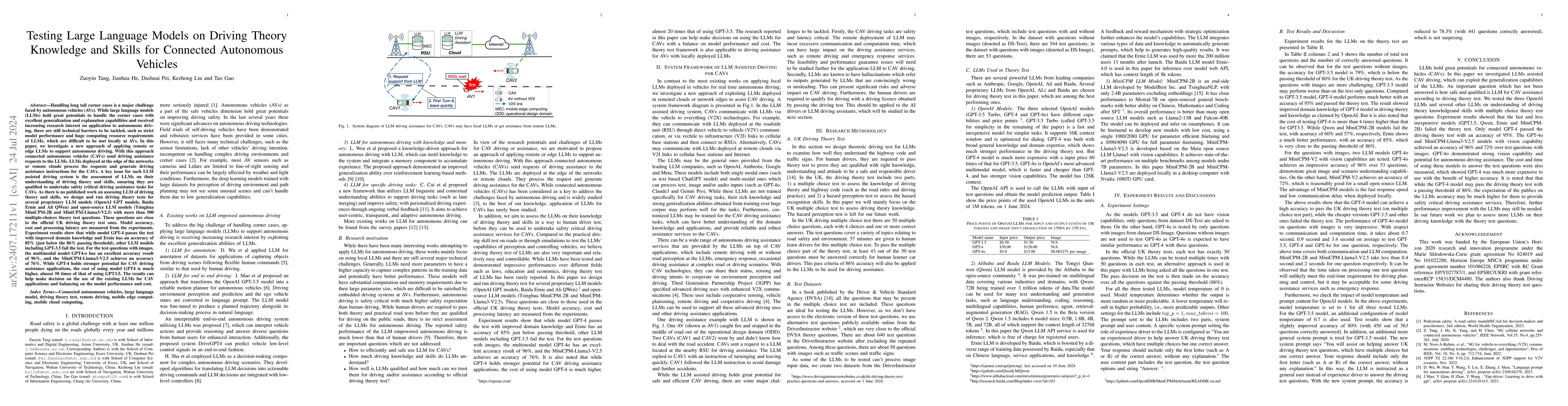 Thumbnail for Testing Large Language Models on Driving Theory Knowledge and Skills for
  Connected Autonomous Vehicles