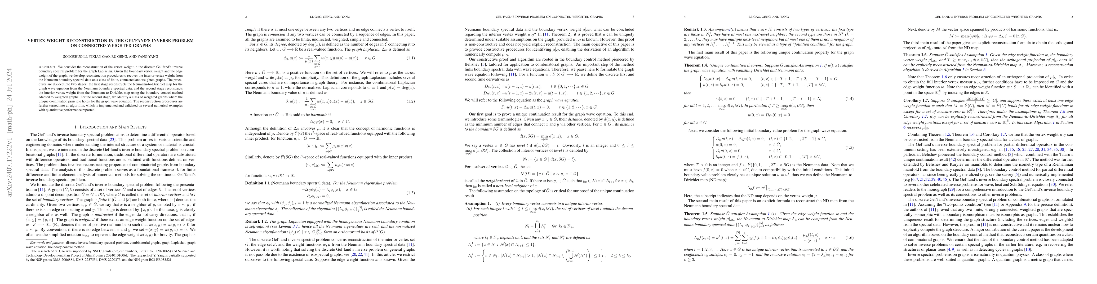 Thumbnail for Vertex Weight Reconstruction in the Gel'fand's Inverse Problem on
  Connected Weighted Graphs