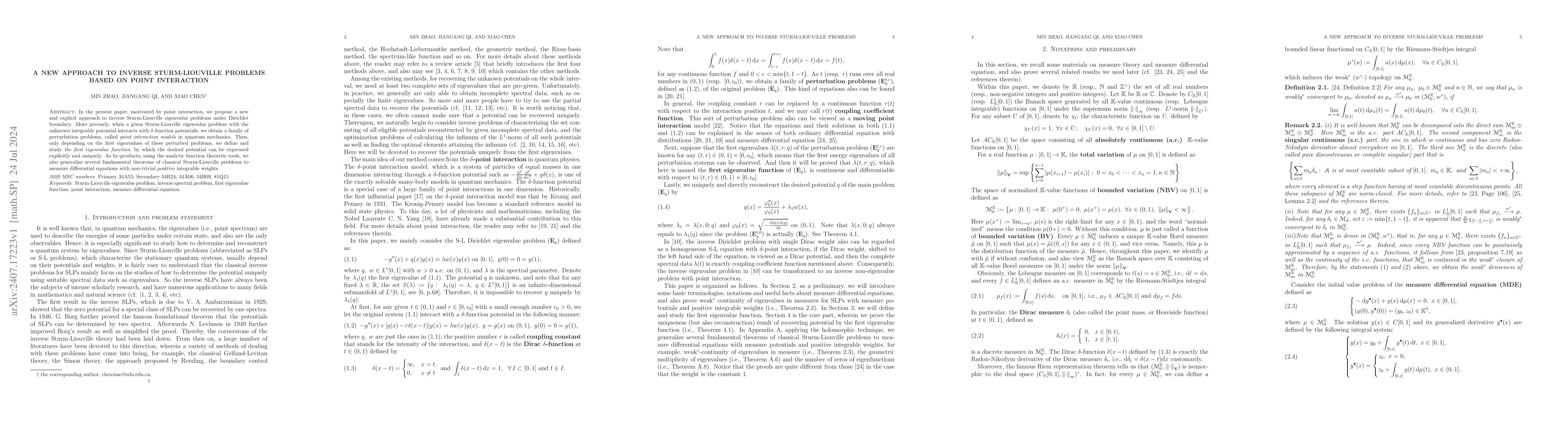 Thumbnail for A new approach to inverse Sturm-Liouville problems based on point
  interaction