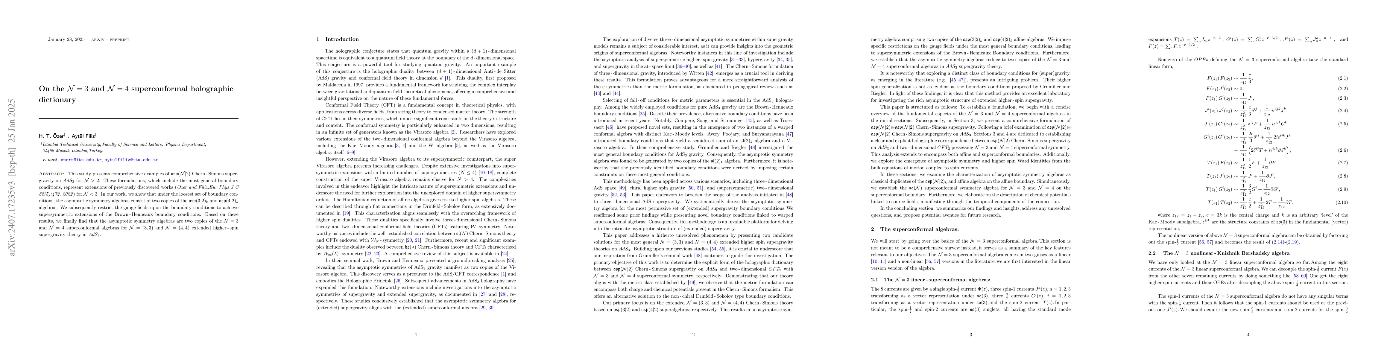 Thumbnail for On the $\mathcal{N}=3$ and $\mathcal{N}=4$ superconformal holographic
  dictionary