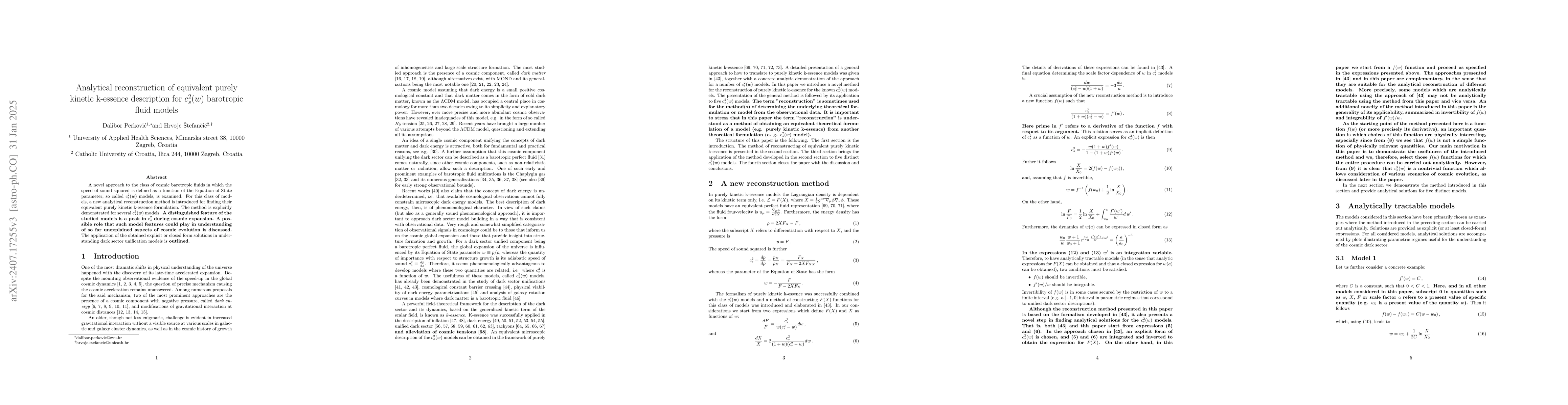 Thumbnail for Analytical reconstruction of equivalent purely kinetic k-essence
  description for $c_s^2(w)$ barotropic fluid models