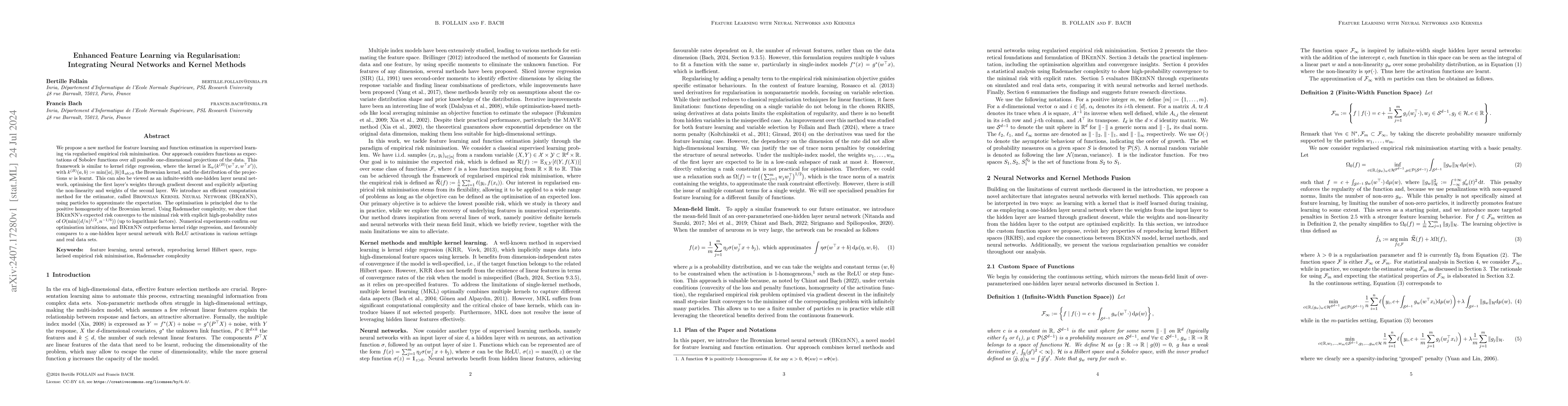 Thumbnail for Enhanced Feature Learning via Regularisation: Integrating Neural
  Networks and Kernel Methods