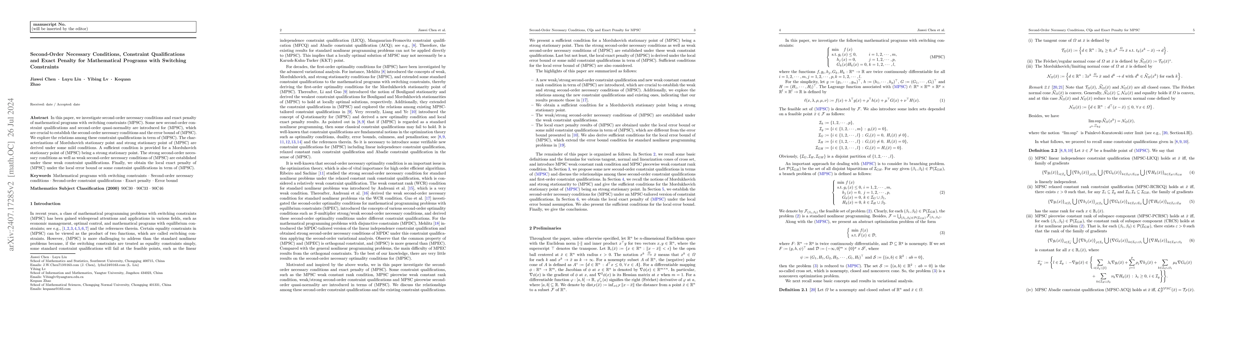 Thumbnail for Second-Order Necessary Conditions, Constraint Qualifications and Exact
  Penalty for Mathematical Programs with Switching Constraints