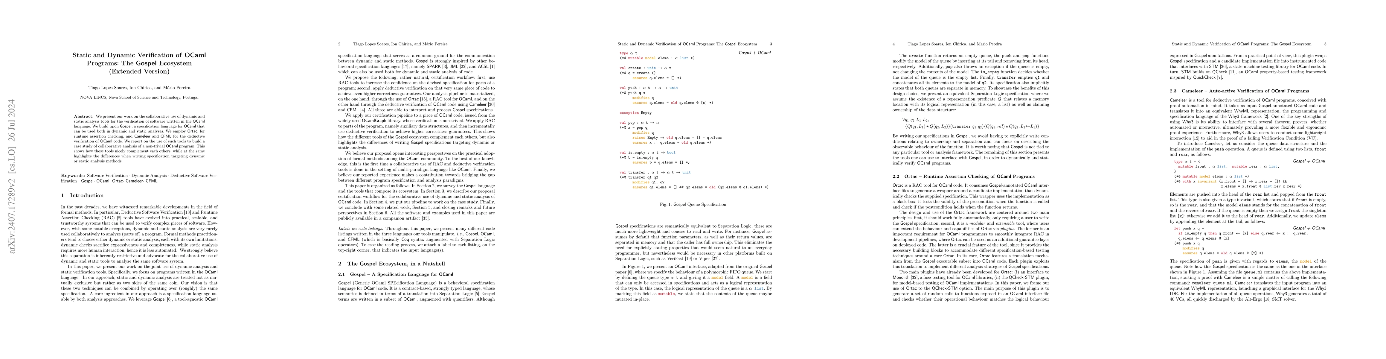 Thumbnail for Static and Dynamic Verification of OCaml Programs: The Gospel Ecosystem
  (Extended Version)