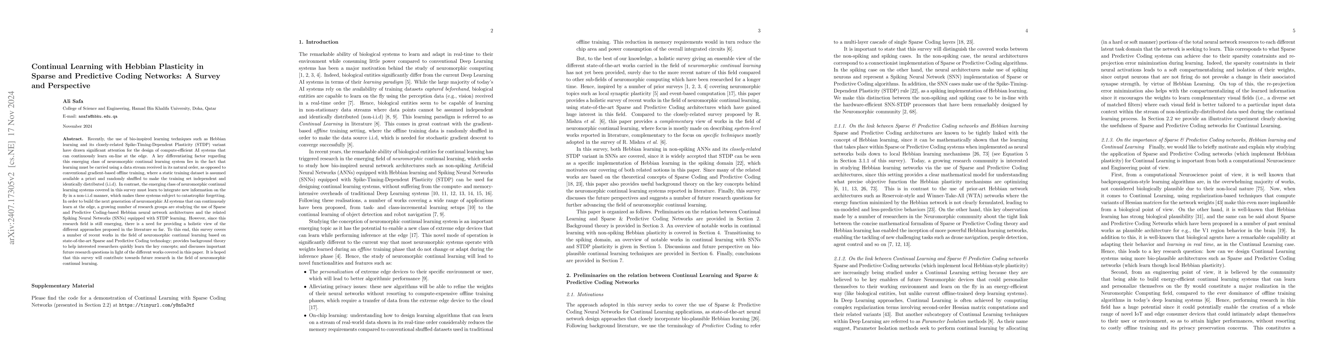 Thumbnail for Continual Learning in Bio-plausible Spiking Neural Networks with Hebbian
  and Spike Timing Dependent Plasticity: A Survey and Perspective