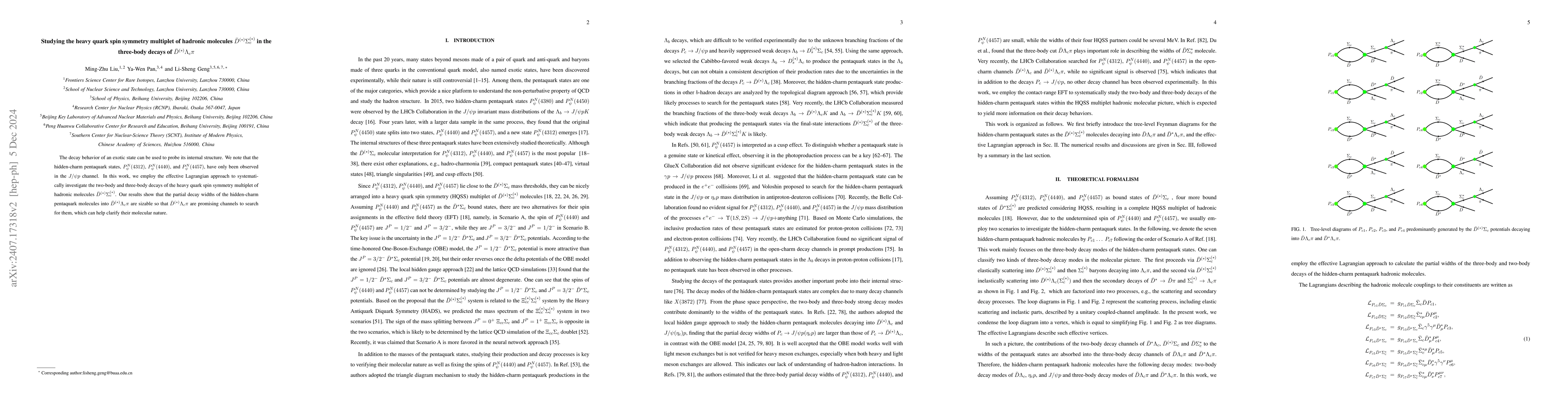 Thumbnail for Studying the heavy quark spin symmetry multiplet of hadronic molecules
  $\bar{D}^{(*)}Σ_c^{(*)}$ in the three-body decays of
  $\bar{D}^{(*)}Λ_c π$