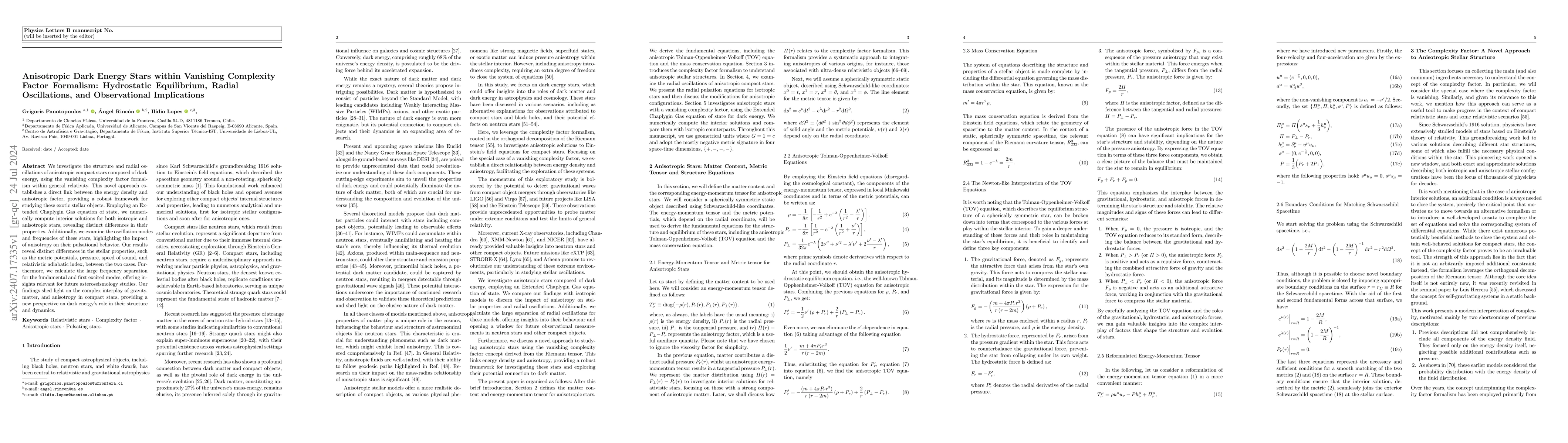 Thumbnail for Anisotropic Dark Energy Stars within Vanishing Complexity Factor
  Formalism: Hydrostatic Equilibrium, Radial Oscillations, and Observational
  Implications