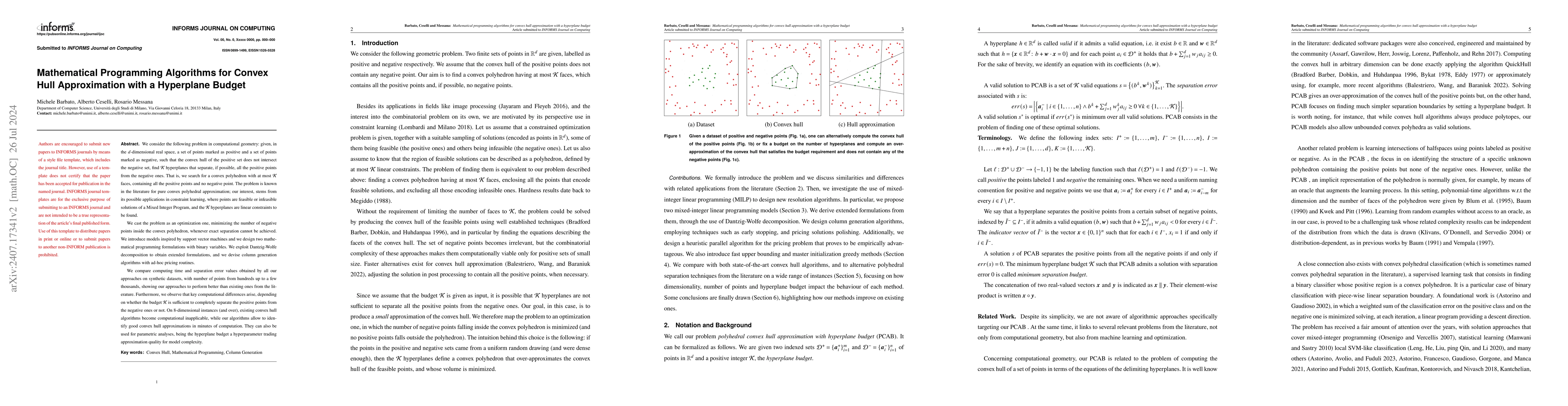 Thumbnail for Mathematical Programming Algorithms for Convex Hull Approximation with a
  Hyperplane Budget