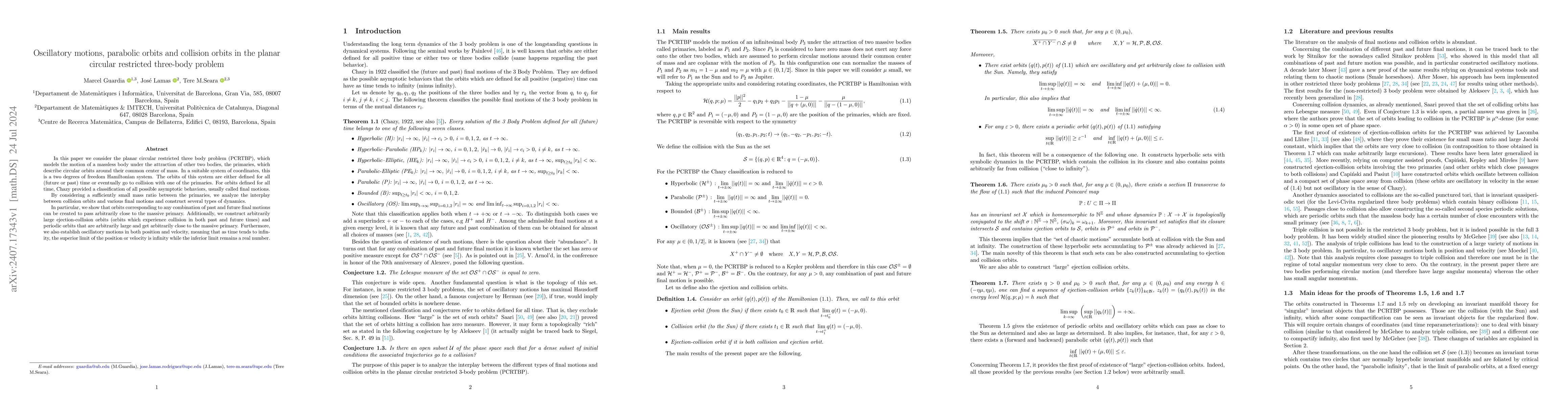 Thumbnail for Oscillatory motions, parabolic orbits and collision orbits in the planar
  circular restricted three-body problem