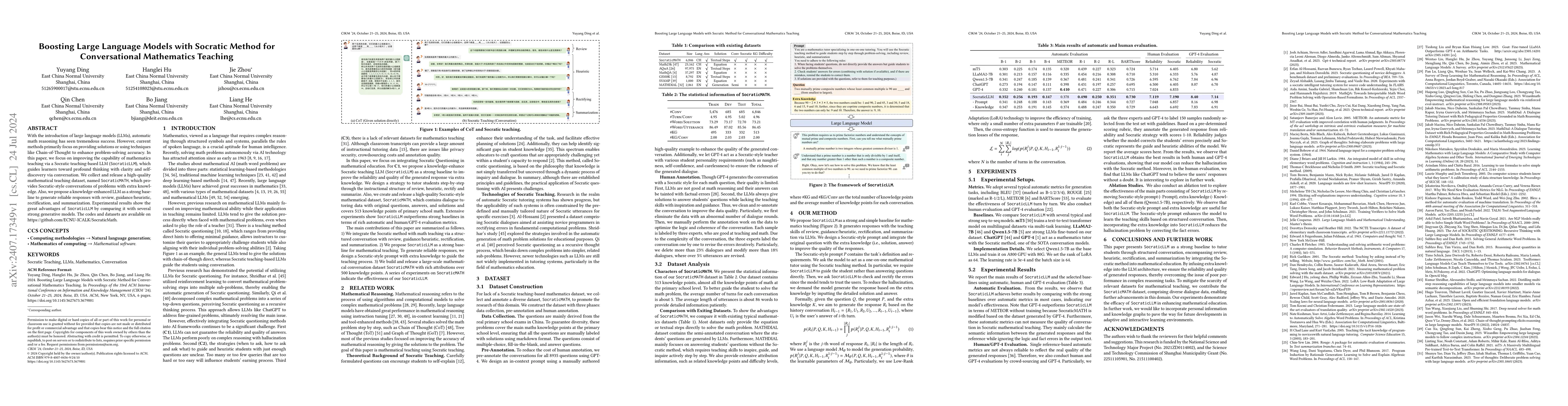 Thumbnail for Boosting Large Language Models with Socratic Method for Conversational
  Mathematics Teaching