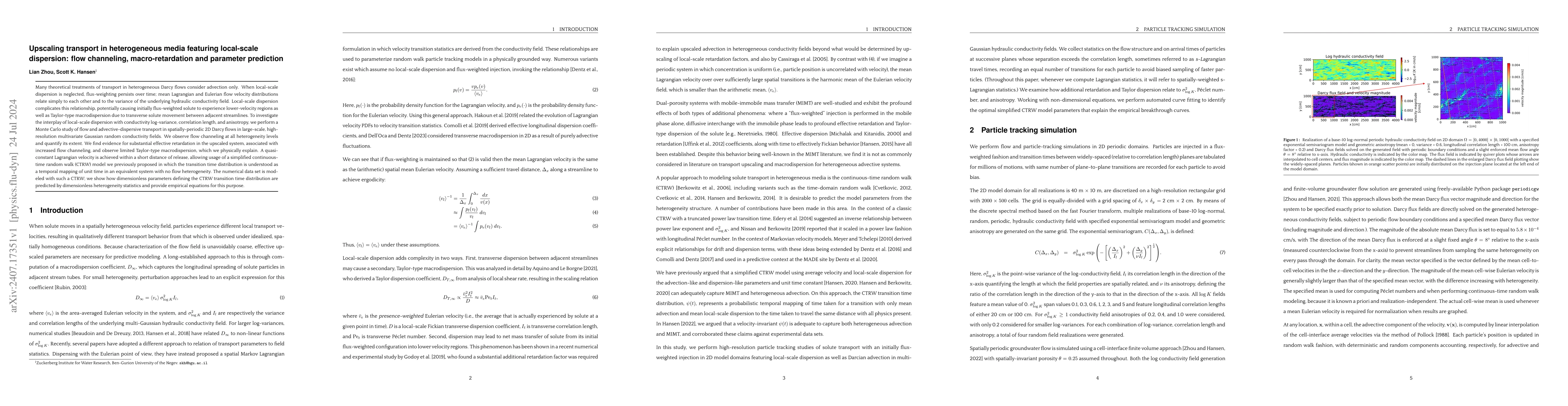 Thumbnail for Upscaling transport in heterogeneous media featuring local-scale
  dispersion: flow channeling, macro-retardation and parameter prediction