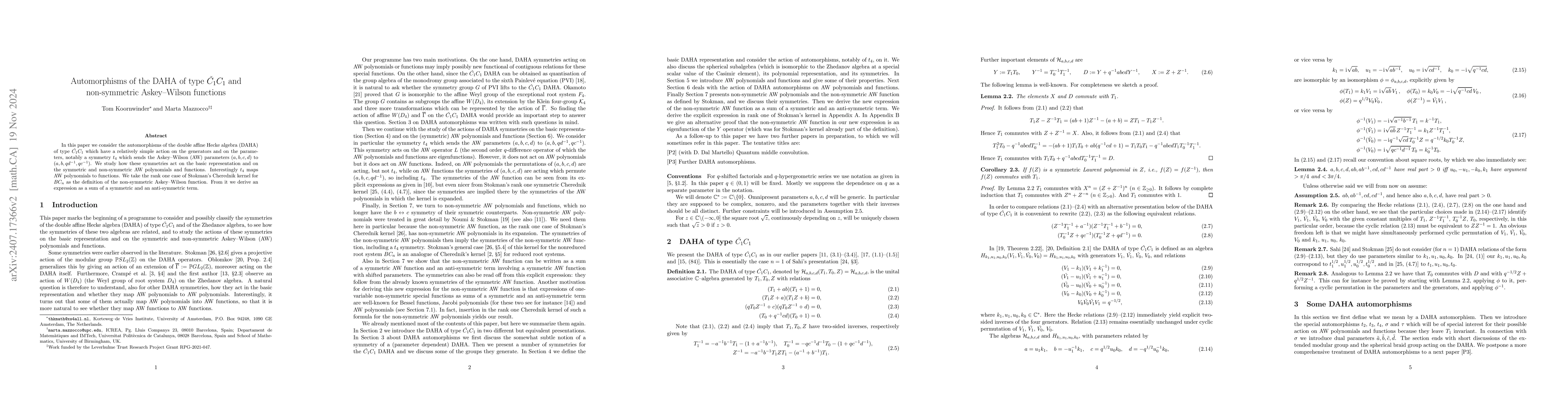 Thumbnail for Automorphisms of the DAHA of type $\check{C_1}C_1$ and non-symmetric
  Askey-Wilson functions