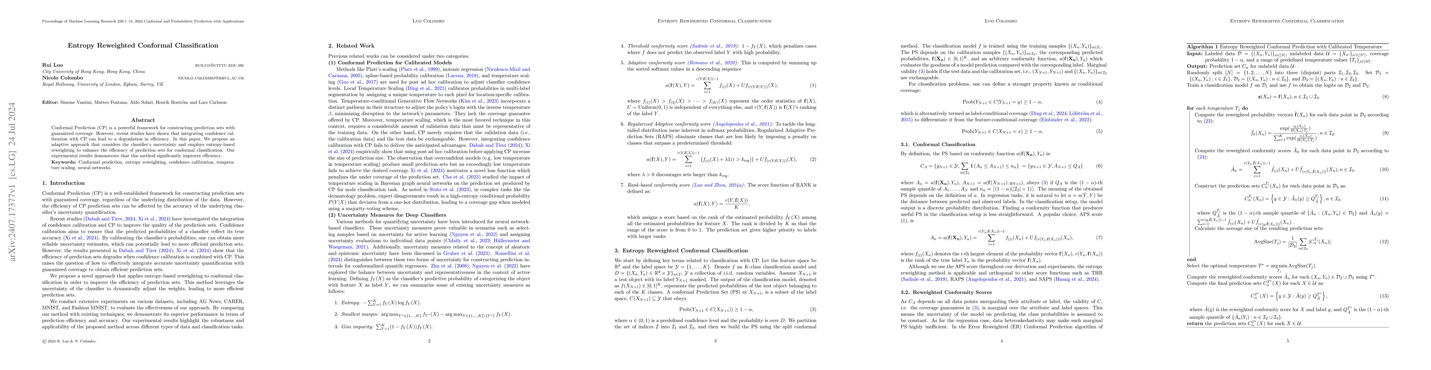 Thumbnail for Entropy Reweighted Conformal Classification