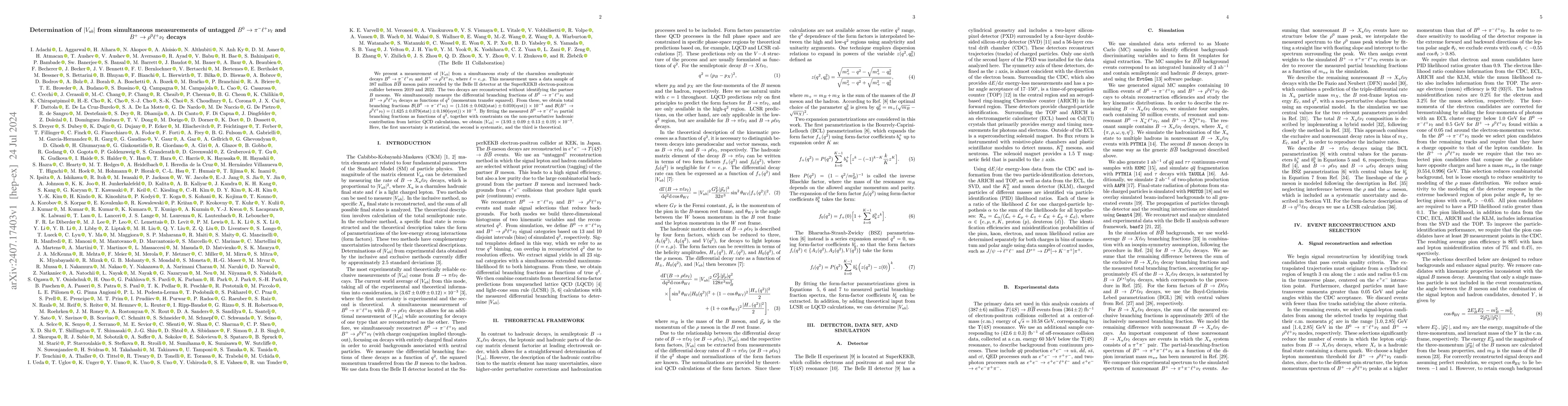Thumbnail for Determination of $|V_{ub}|$ from simultaneous measurements of untagged
  $B^0\toπ^- \ell^+ ν_{\ell}$ and $B^+\toρ^0 \ell^+ν_{\ell}$ decays