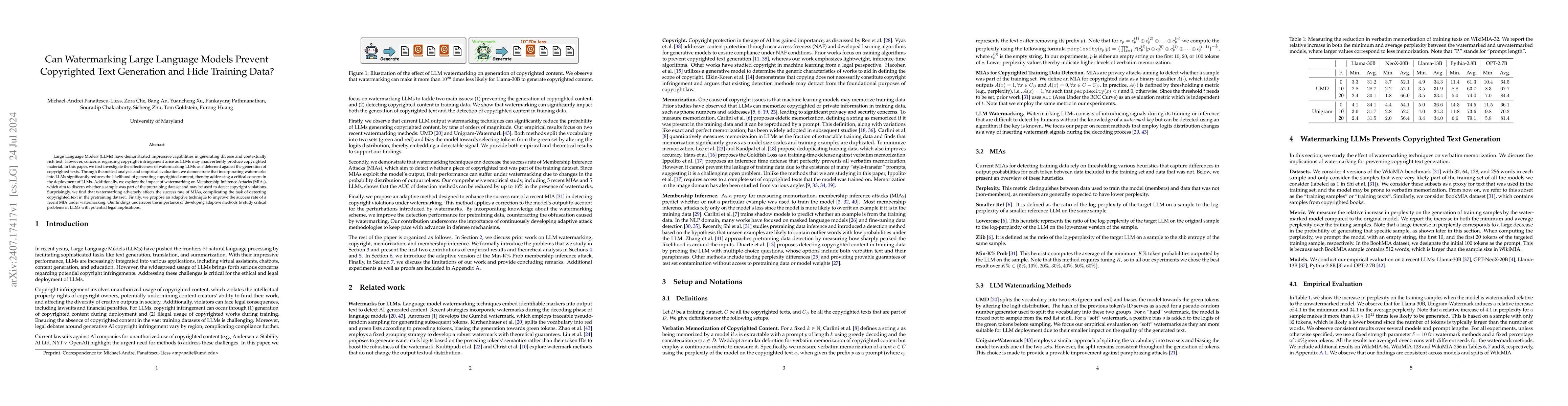 Thumbnail for Can Watermarking Large Language Models Prevent Copyrighted Text
  Generation and Hide Training Data?