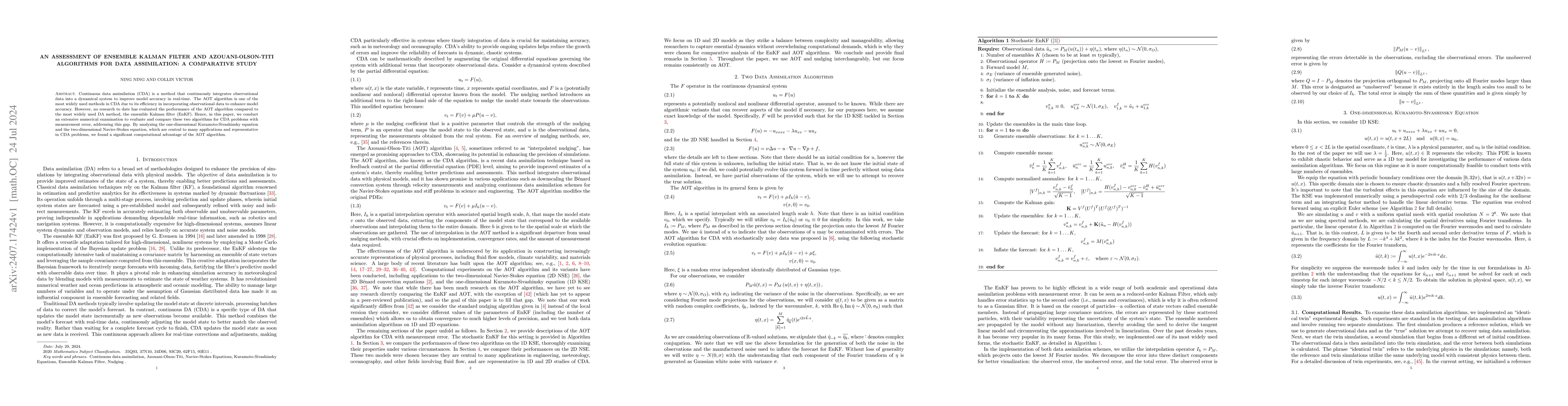 Thumbnail for An Assessment of Ensemble Kalman Filter and Azouani-Olson-Titi
  Algorithms for Data Assimilation: A Comparative Study