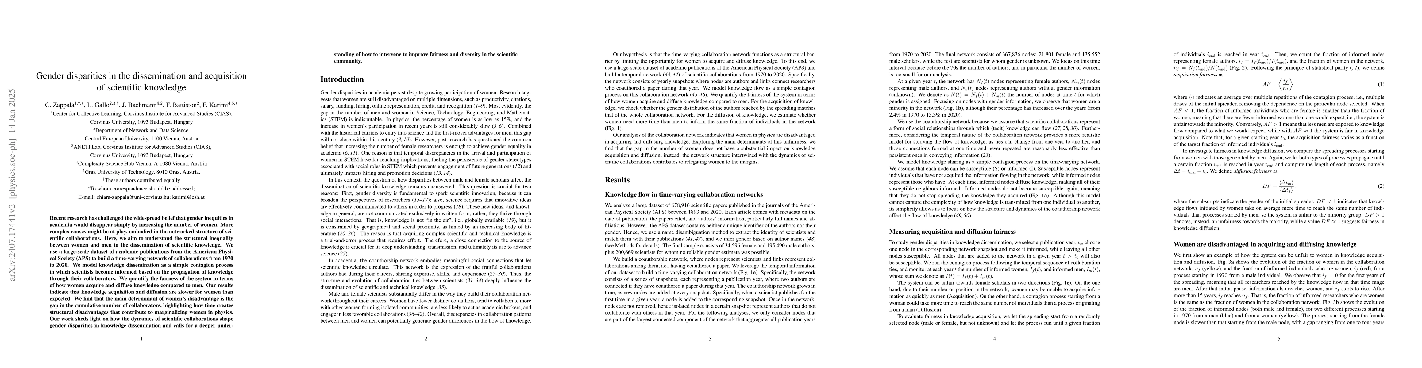 Thumbnail for Gender disparities in the dissemination and acquisition of scientific
  knowledge
