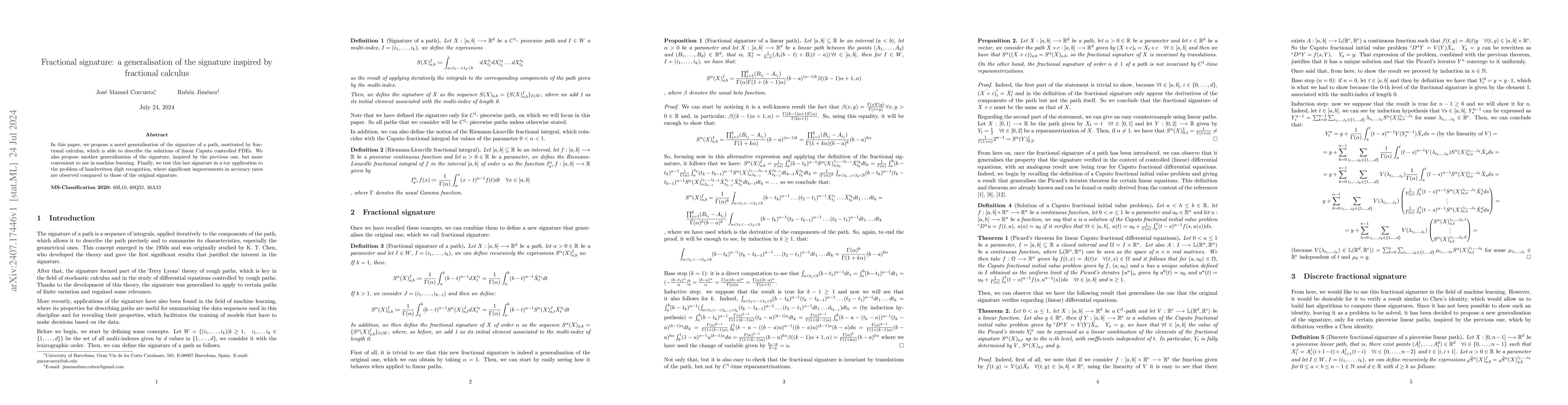 Thumbnail for Fractional signature: a generalisation of the signature inspired by
  fractional calculus