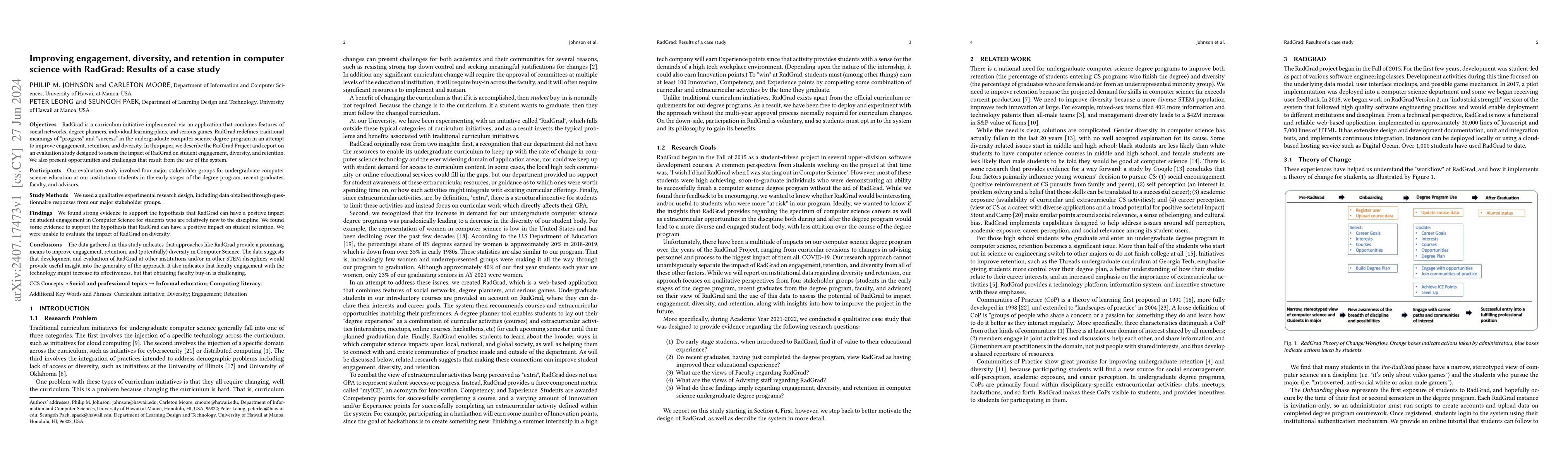 Thumbnail for Improving engagement, diversity, and retention in computer science with
  RadGrad: Results of a case study