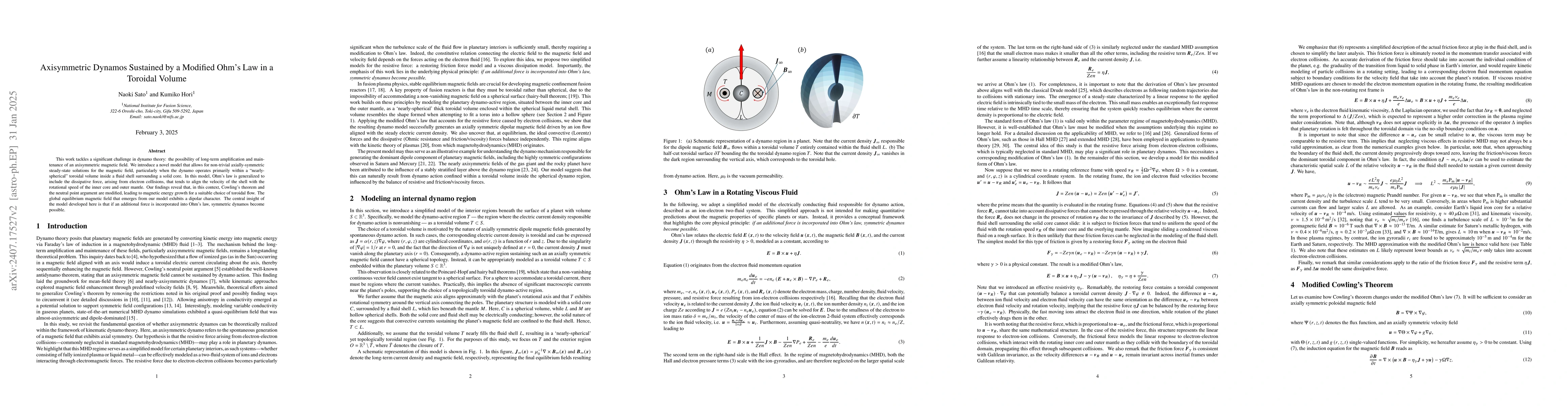 Thumbnail for Axisymmetric Dynamos Sustained by Ohm's Law in a Nearly-Spherical
  Rotating Viscous Fluid