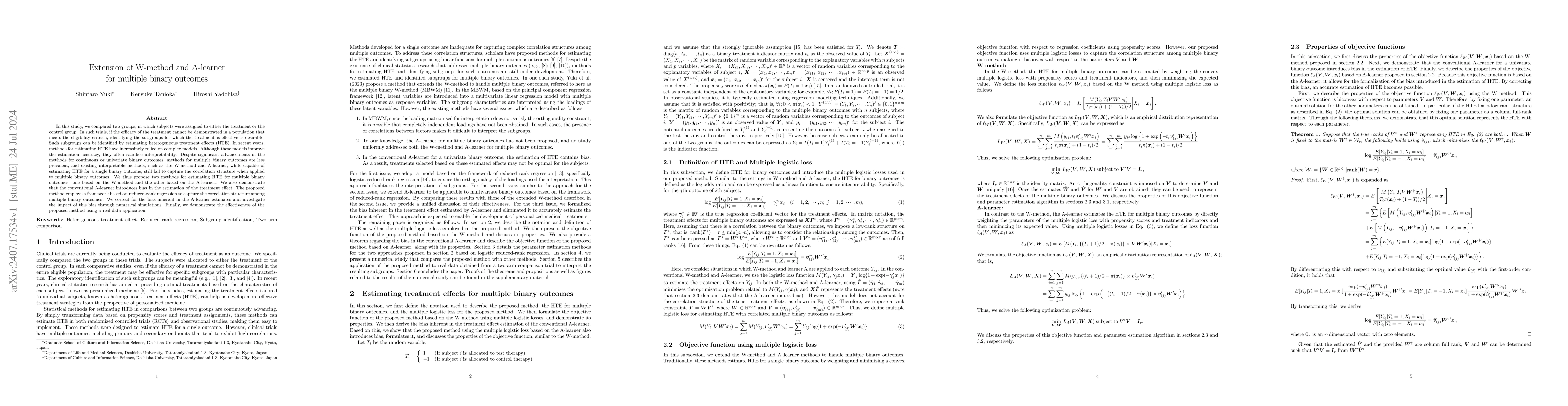 Thumbnail for Extension of W-method and A-learner for multiple binary outcomes